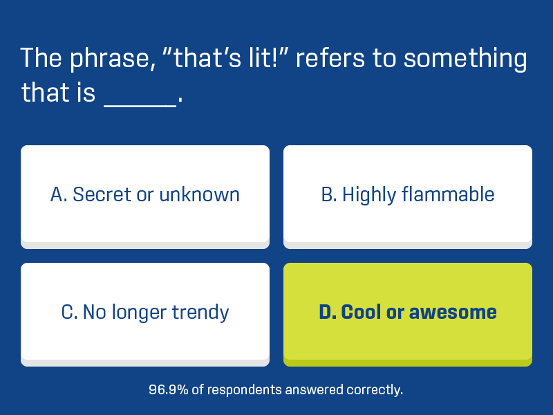 Quiz card for the definition of “that’s lit”.