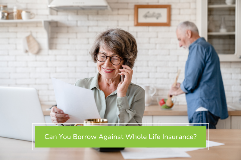 Woman on the phone reviewing her whole life insurance policy