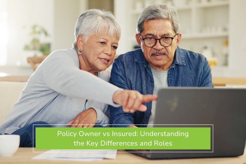 Senior couple planning on laptop in living room with insurance document explaining difference between policyowner vs insured