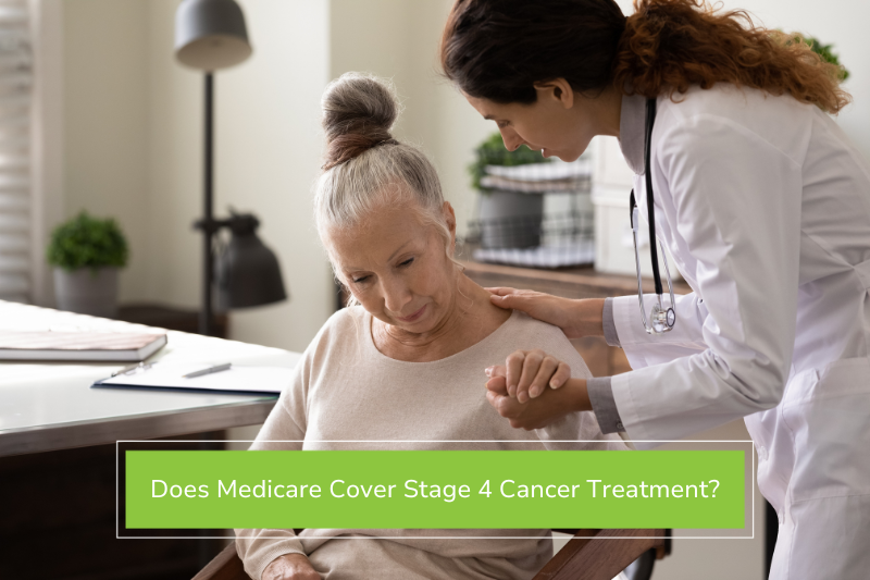 Older woman with stage 4 cancer discussing if medicare covers treatment with her doctor.