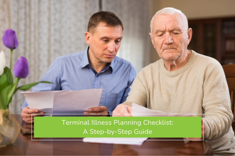 Father and son reviewing a terminal illness planning checklist at the kitchen table