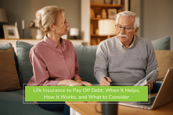 Older couple discussing life insurance to pay off debt at coffee table